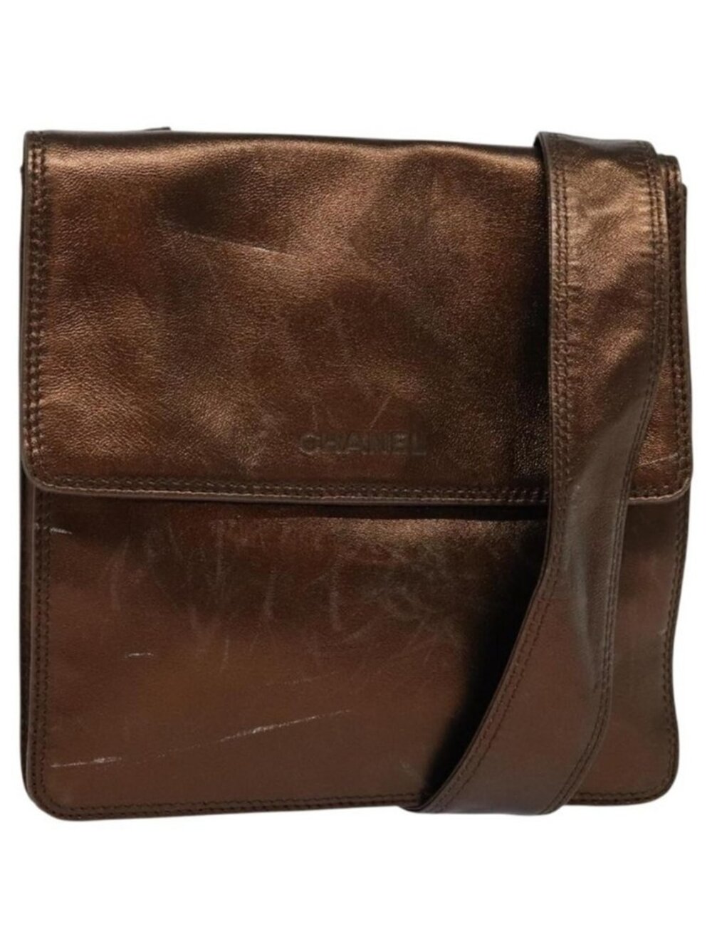 Authentic CHANEL Shoulder Bag Leather Brown CC